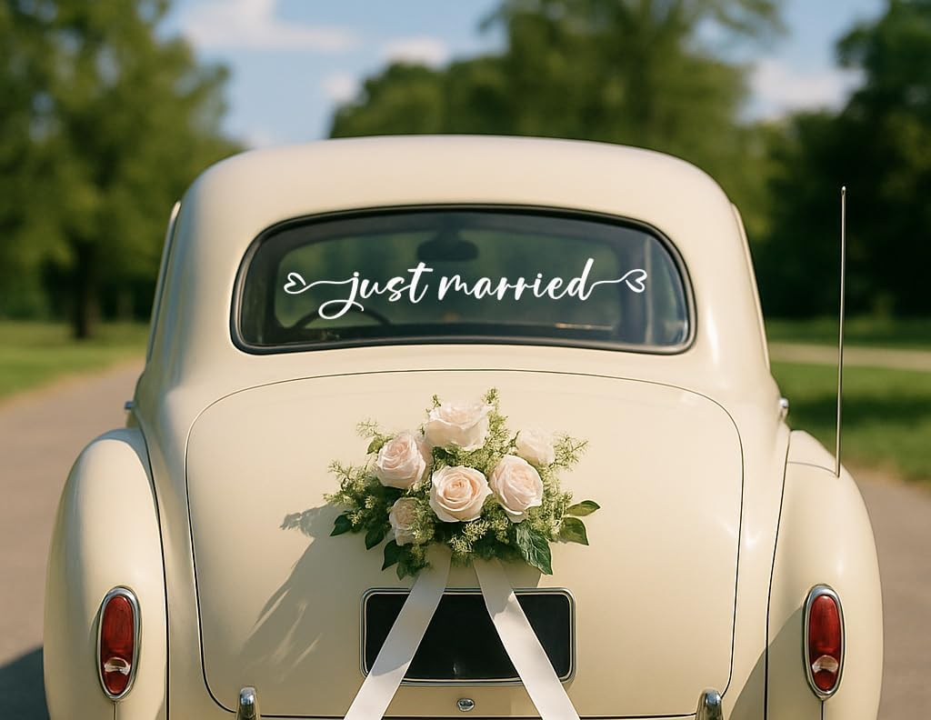 Just Married Car Decal – Wedding Bumper Sticker for Newlyweds, Unique Wedding Car Decoration (28 x 4.7 Inch)