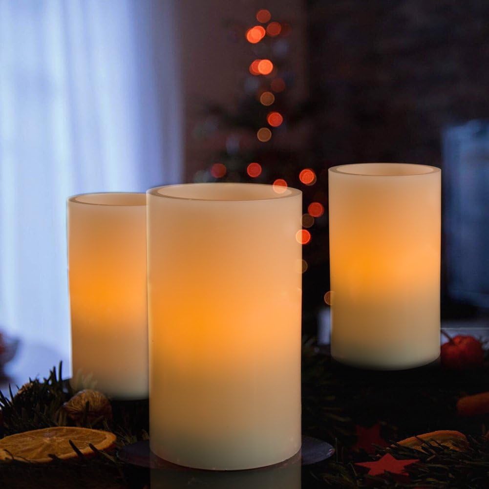 Homemory 5"x3" Wax Flameless Candles, Battery Operated LED Pillar Candles with Remote Control & Timer, Amber Yellow Flickering Light for Party, Wedding, Festival, Ivory, Indoor Only, Set of 2
