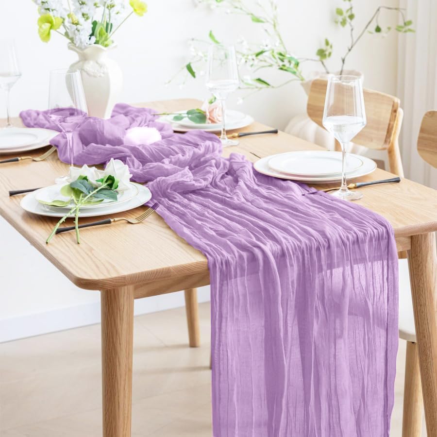 8 Pack 10Ft Table Runner 35x120 inch Purple Boho Gauze Table Cheese Cloth Long Wrinkled Sheer Table Runner for Wedding Bridal Shower Birthday Party Table Decor