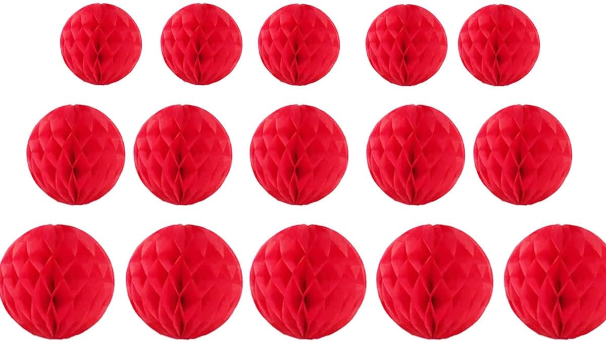 15pcs Honeycomb Balls Decorations 4'' 6'' 8'' Party Honeycomb Ball Flower Tissue Pom Poms Flower Balls Hanging Flower Balls for Party Baby Shower Birthday Wedding Nursery Decor(4'' 6'' 8'' Red)