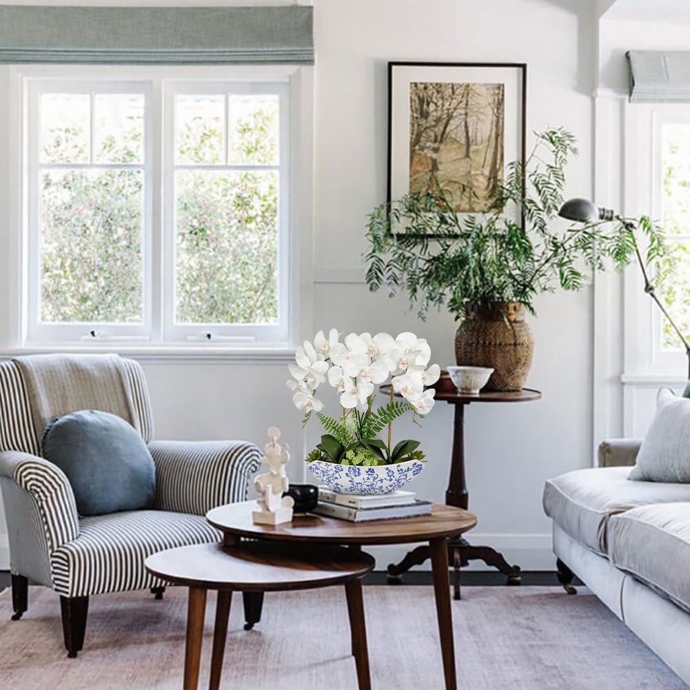 Briful Orchid Artificial Flowers 18in White Fake Orchid Silk Flowers with Blue and White Ceramic Vase Faux Orchid Arrangement for Home Office Room Coffee Table Centerpiece Modern Decor