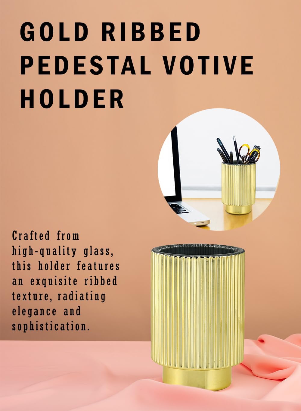 Serene Spaces Living Gold Ribbed Pedestal Glass Votive Holder, Table Centerpiece, Home, Office, Wedding, Birthday, Holiday & Special Events Decor, 3.5" Diameter & 5" Tall, Pack of 24