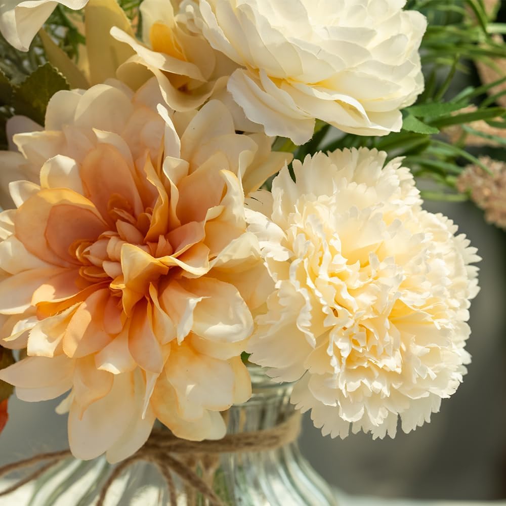 LESING Dahlia Flower Aritificial Flower with Vase Fake Silk Flowers in Glass Vase, Faux Rose Flowers Arrangement for Home Office Table Centerpiece Decoration (Champagne)