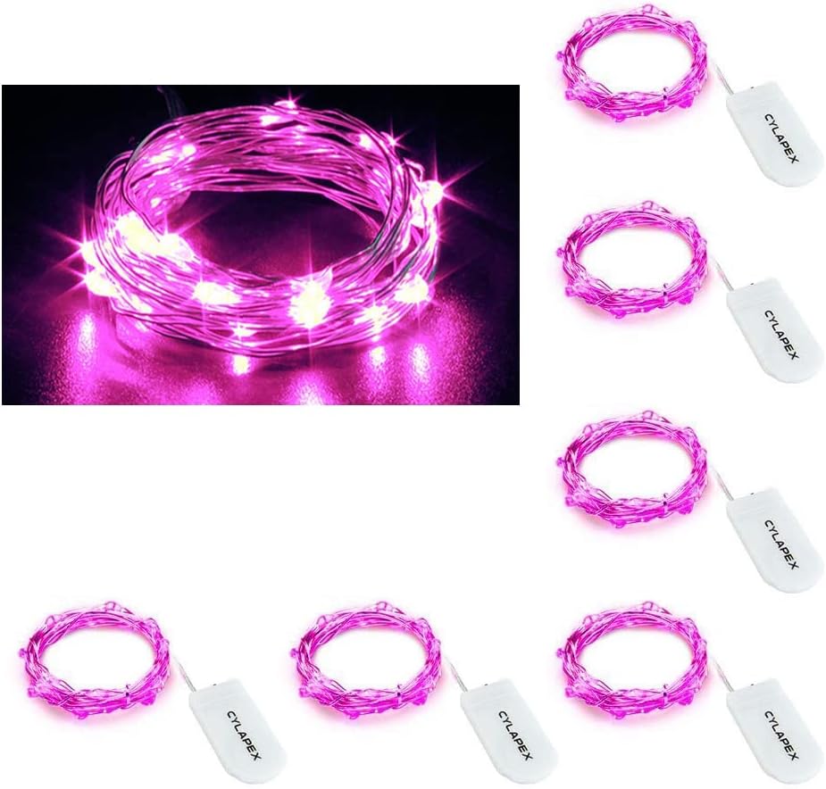 CYLAPEX 6 Pack Pink Fairy Lights String Battery Operated Fairy Lights Firefly Lights LED Starry String Lights 3.3ft 20 LEDs Silvery Copper Wire for Christmas DIY Decoration Costume Wedding Party