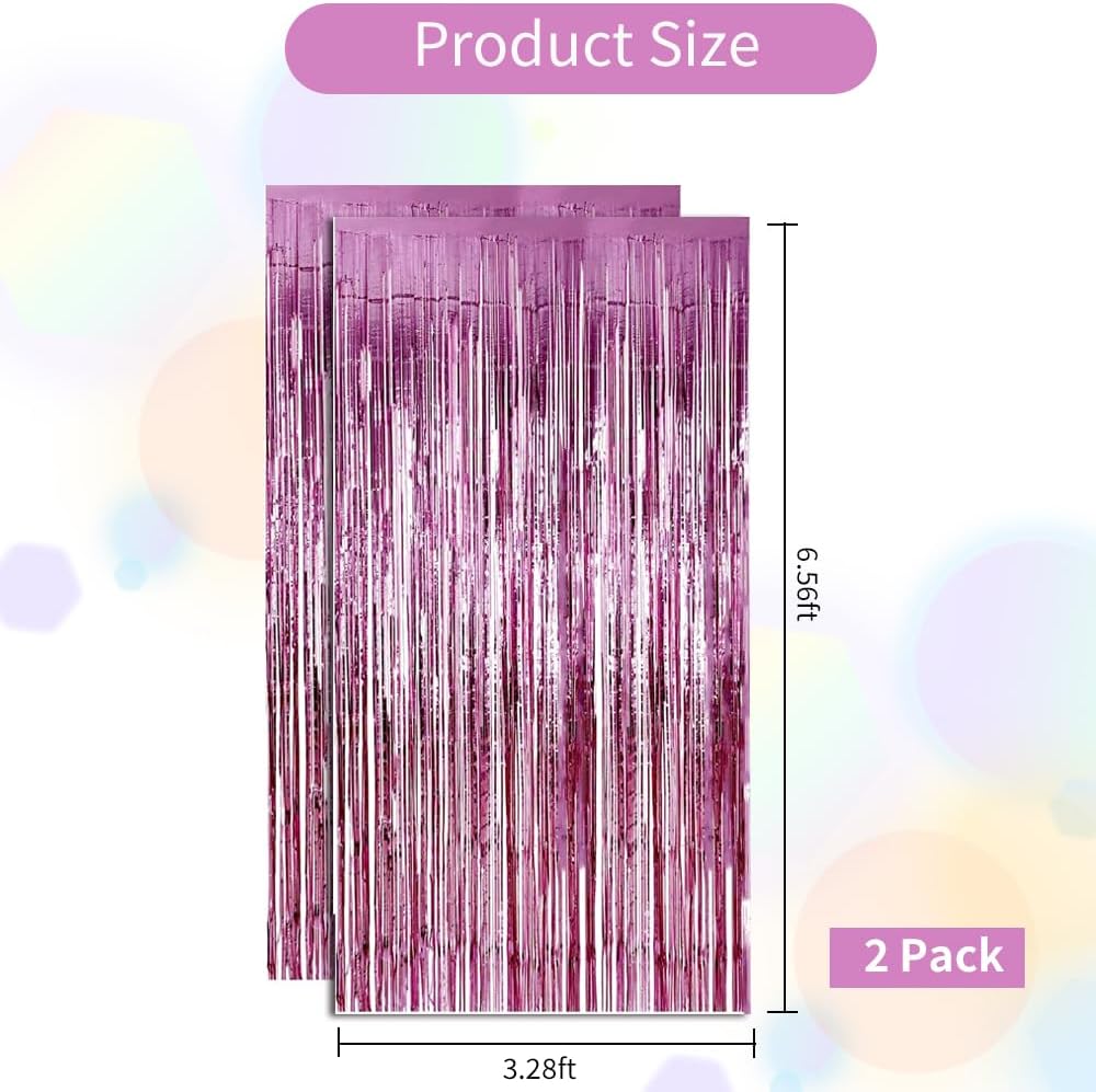 BEISHID 2 Pcs Pink Door Streamers Tinsel Curtain Party Streamers Backdrop Fringe Foil Wall Background for Birthday Christmas Wedding Pink Girls Valentine's Day Party Decoration(3.28 ft x 6.56 ft)