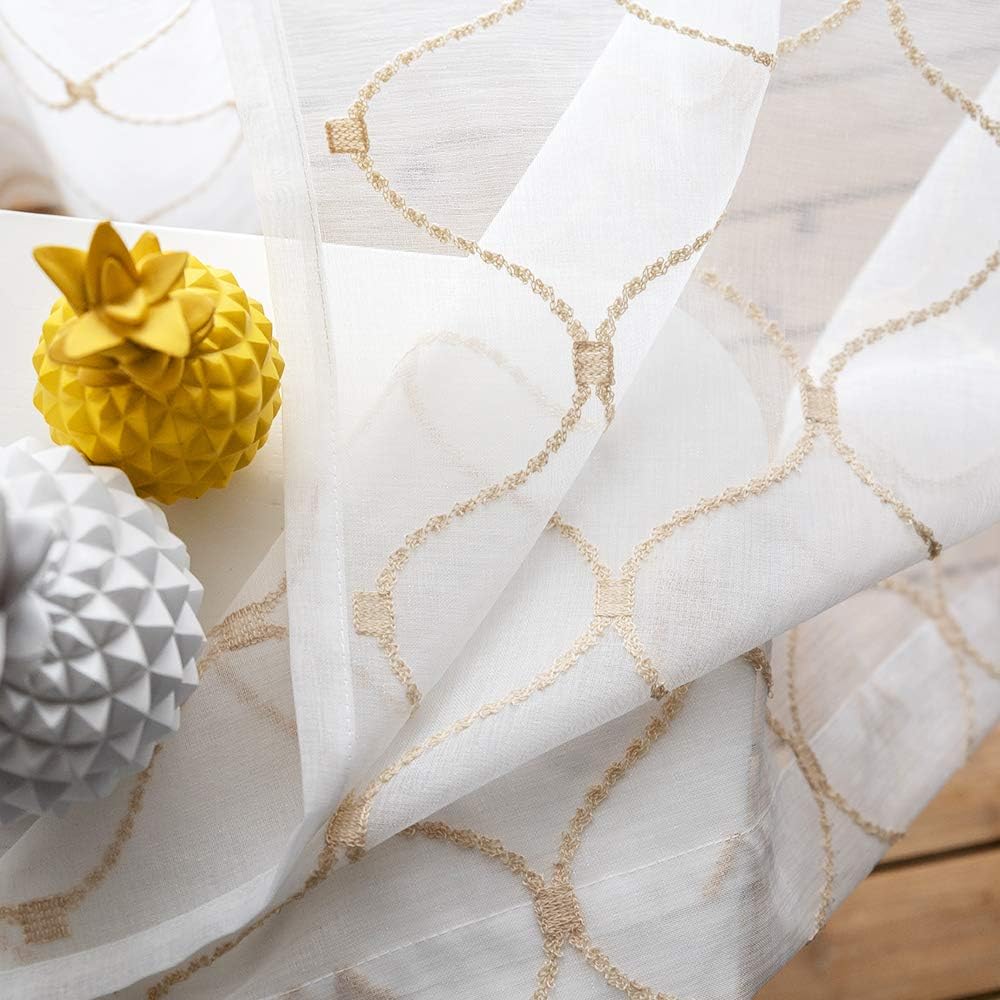 Sheer Curtains Gold 45 Inches, Embroidered Wave Diamond Rod Pocket Voile Drapes for Living room, Bedroom, Window Treatments Semi Curtain Panels for Yard, Patio, Villa, Parlor, Set of 2, 52"x 45".