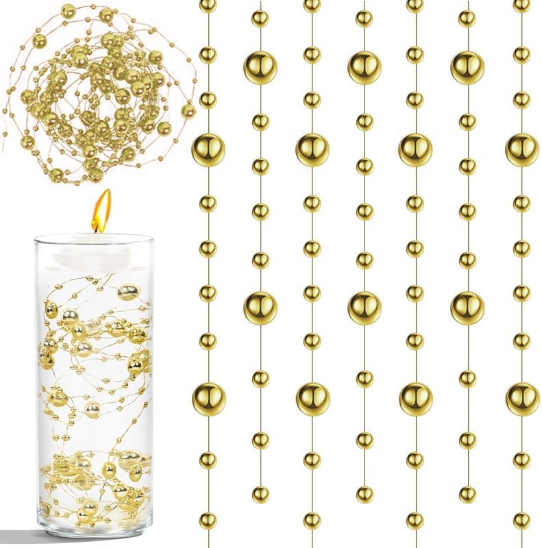 50pcs Pearls String Beads of Pearls, 10+5mm Bright Gold Artificial Pearl String for Floating Candles Centerpieces, Vase Filler, Wedding Centerpiece Christmas Party Decor