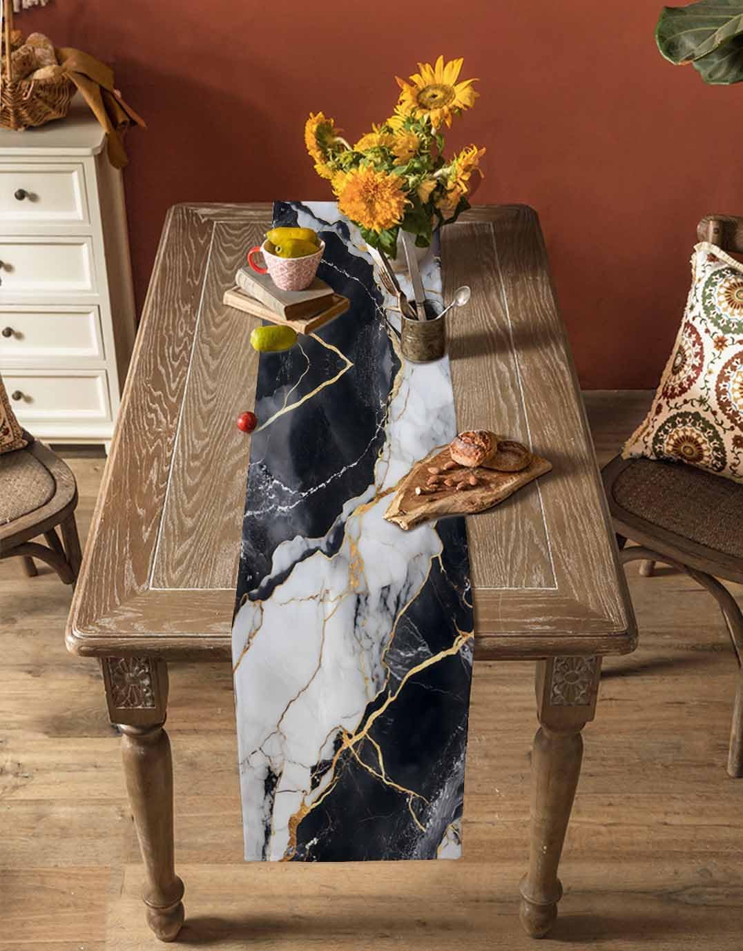 Black White Marble Cotton Linen Table Runner for Dining Kitchen, Wedding Outdoor Party Tablerunners Decoration, Nature Marble Crack Modern Art Dresser Scarf Coffee Tablecloth Runners 13x108 Inches