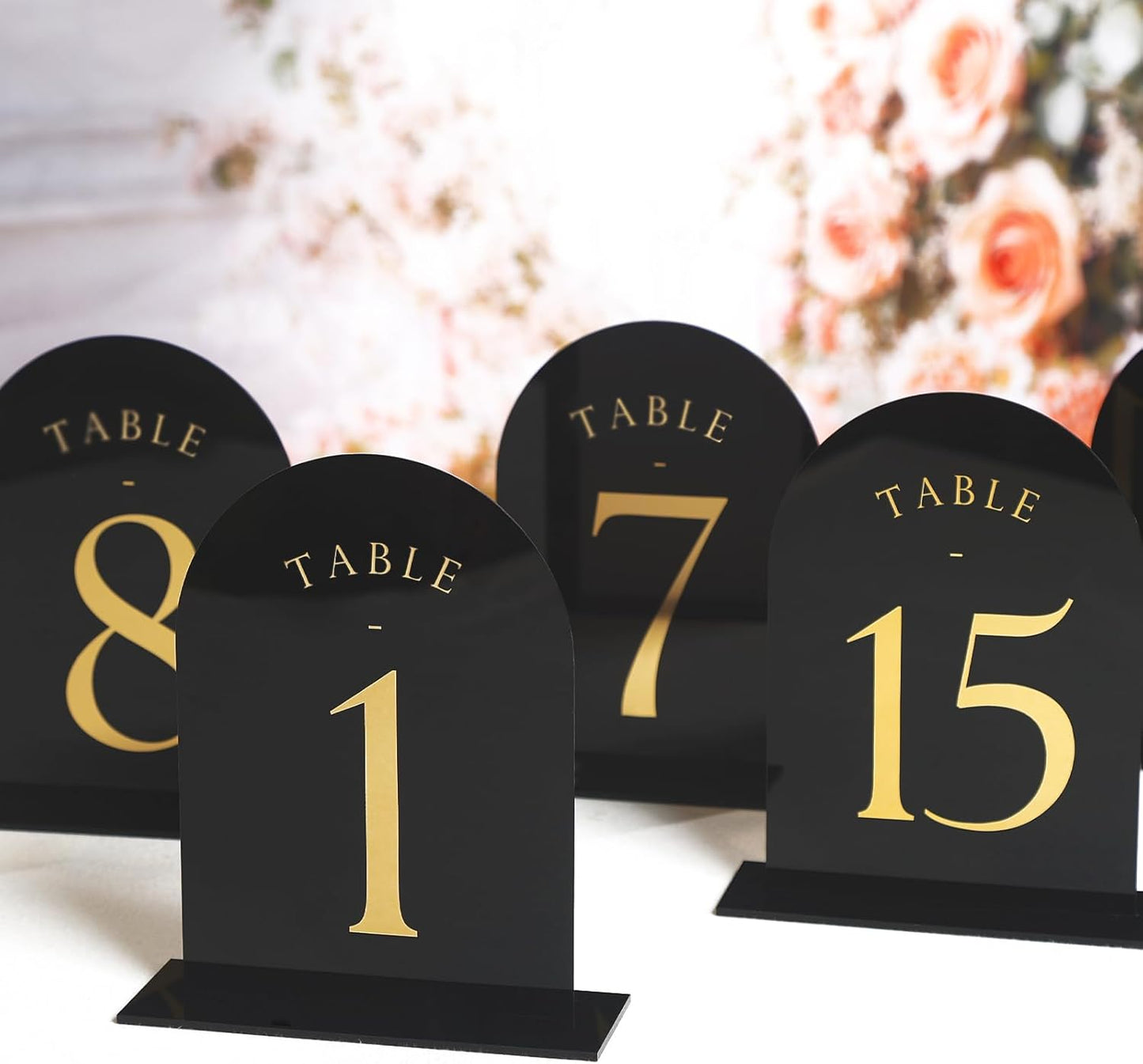 UNIQOOO Black Arch Wedding Table Numbers with Stands 1-15, Gold Foil Printed 5x7 Double Sided Acrylic Signs and Holders, Perfect for Centerpiece, Reception, Decoration, Party, Anniversary, Event