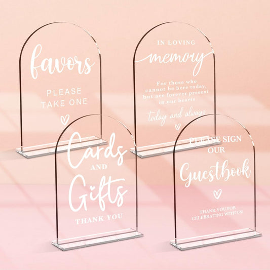 4 Pcs Acrylic Wedding Signs for Ceremony and Reception, Bridal Shower Decorations, Cards and Gifts Signs, Guest Book Sign, Arch Acrylic Table Top Sign with Holder for Wedding Reception (Clear)