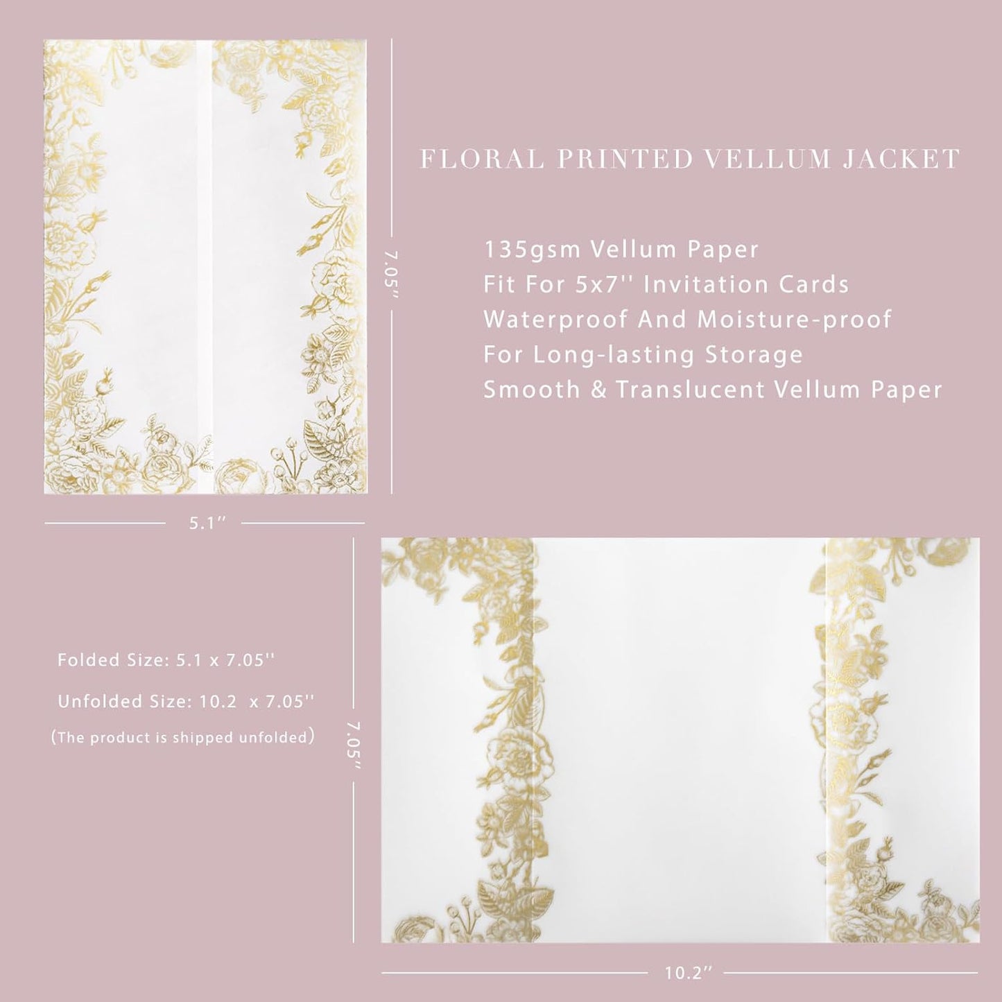 PONATIA 50 PCS Vellum Jackets for 5x7 Invitations- 135gsm Gold Foil Print Floral Printed Vellum Sleeves, Quinceanera Wedding Invitation Cards Wraps, Transparent Christmas Gift Cards Jackets
