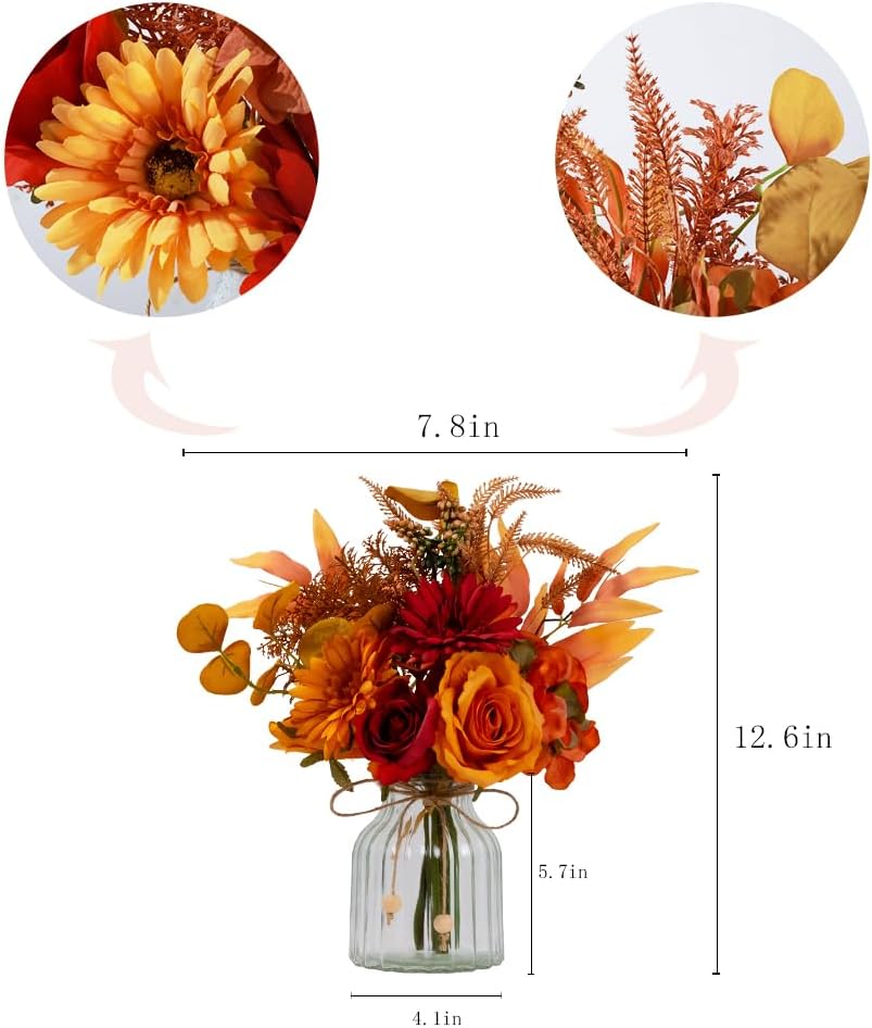 LSEING Fall Flowers Artificial with Vase for Centerpiece,Fake Silk Orange Rose Flower Arrangement in Glass Vase for Home Office Table Decoration (Orange)