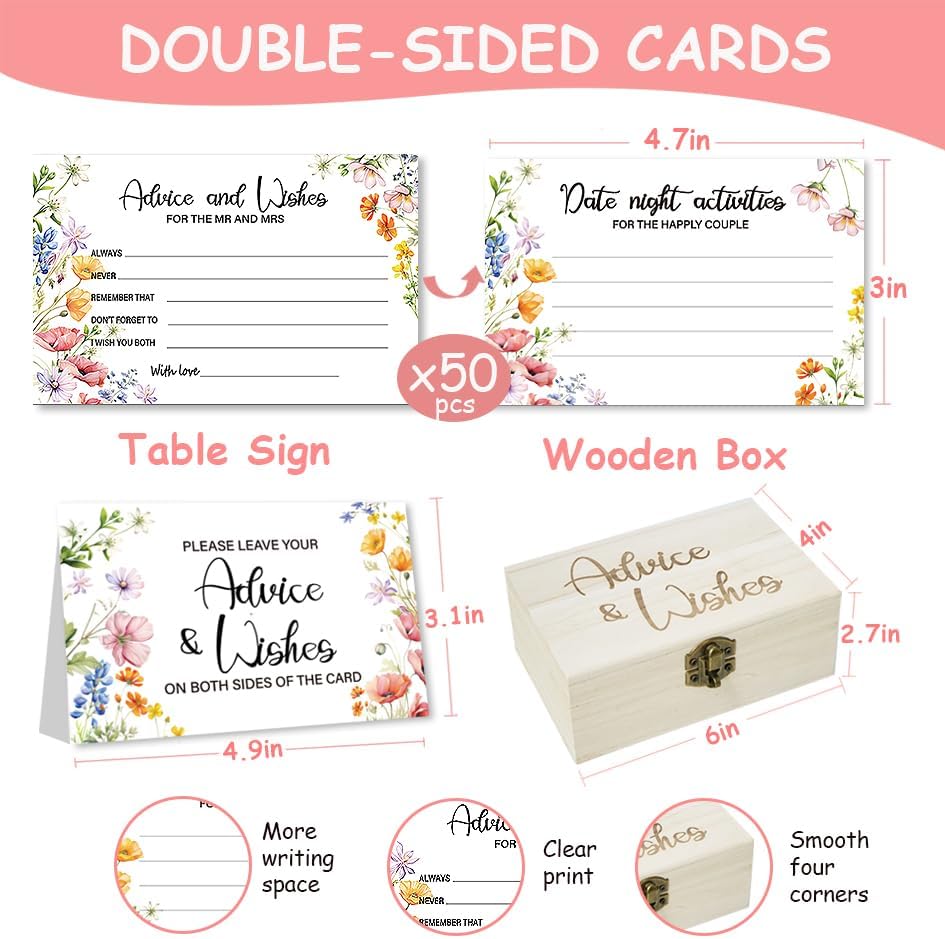 50Pcs Flower Wedding Advice Cards for Bridal Shower Games, Wildflower Advice and Wish Cards Box for The Mr And Mrs Bridal Shower Decorations