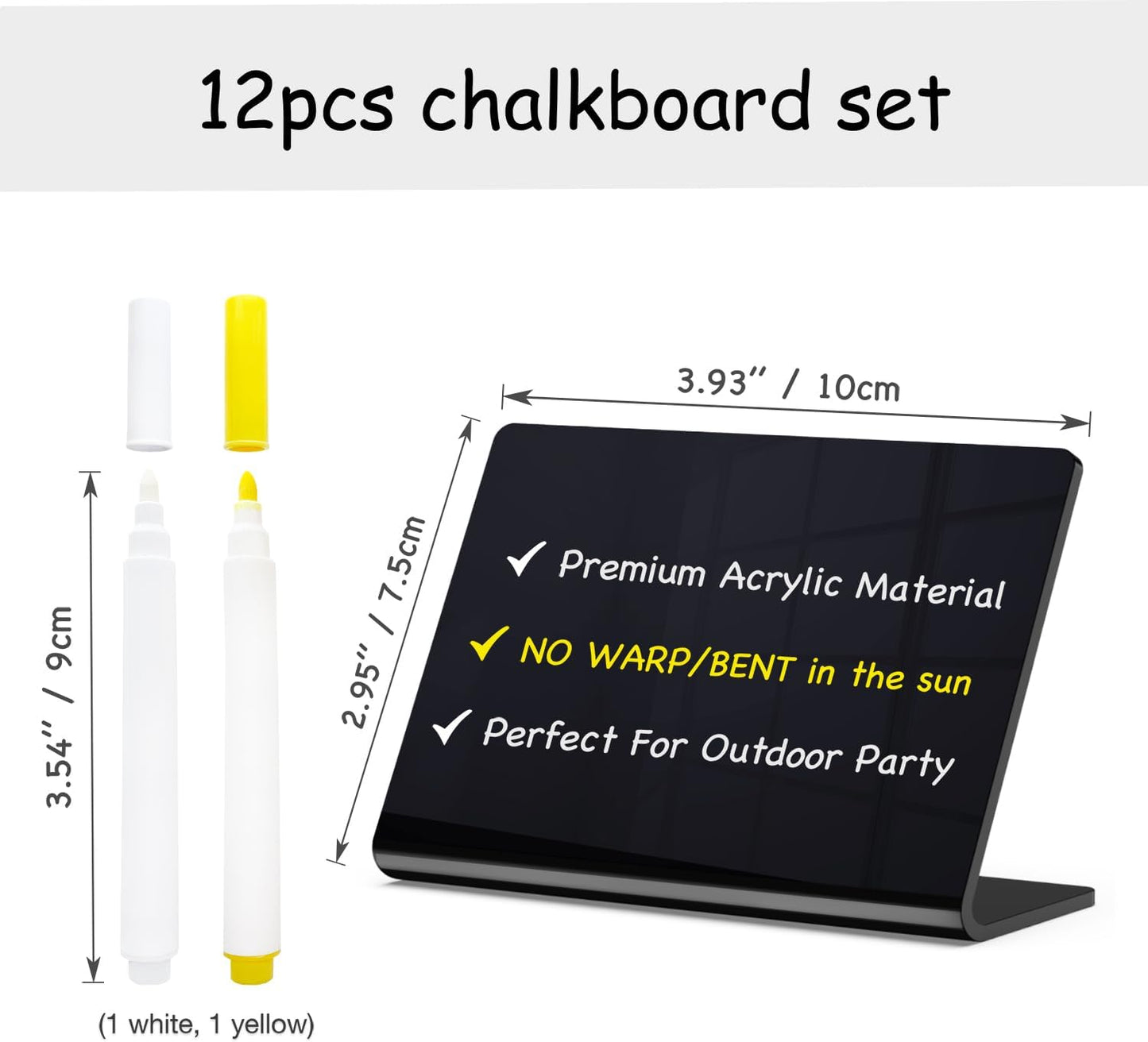 PigPotParty Acrylic Mini Chalkboard Signs for Outdoor Party Buffet, 12 Pcs 4"x3", Glossy Black Elegant Food Labels for Wedding, Table Signs, Place Cards, Include 2 Wet Erase Markers