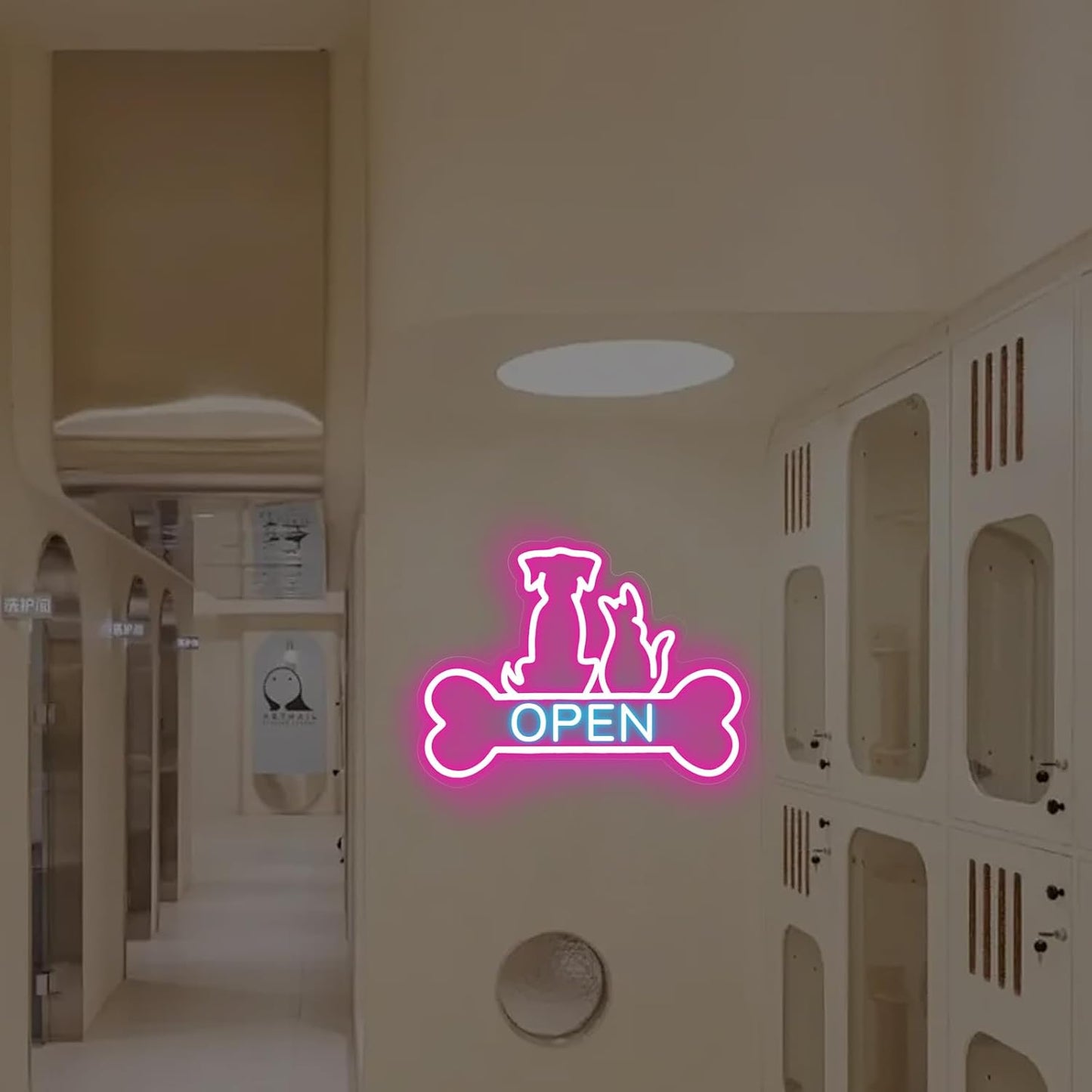 Pet Shop Open Neon Sign LED Dog And Cat Open Sign Bright Pet Grooming Salon Light Animal Shelter Storefront Decor Vet Clinic Window Sign, Pink+Ice Blue, 16.5"x12.4"