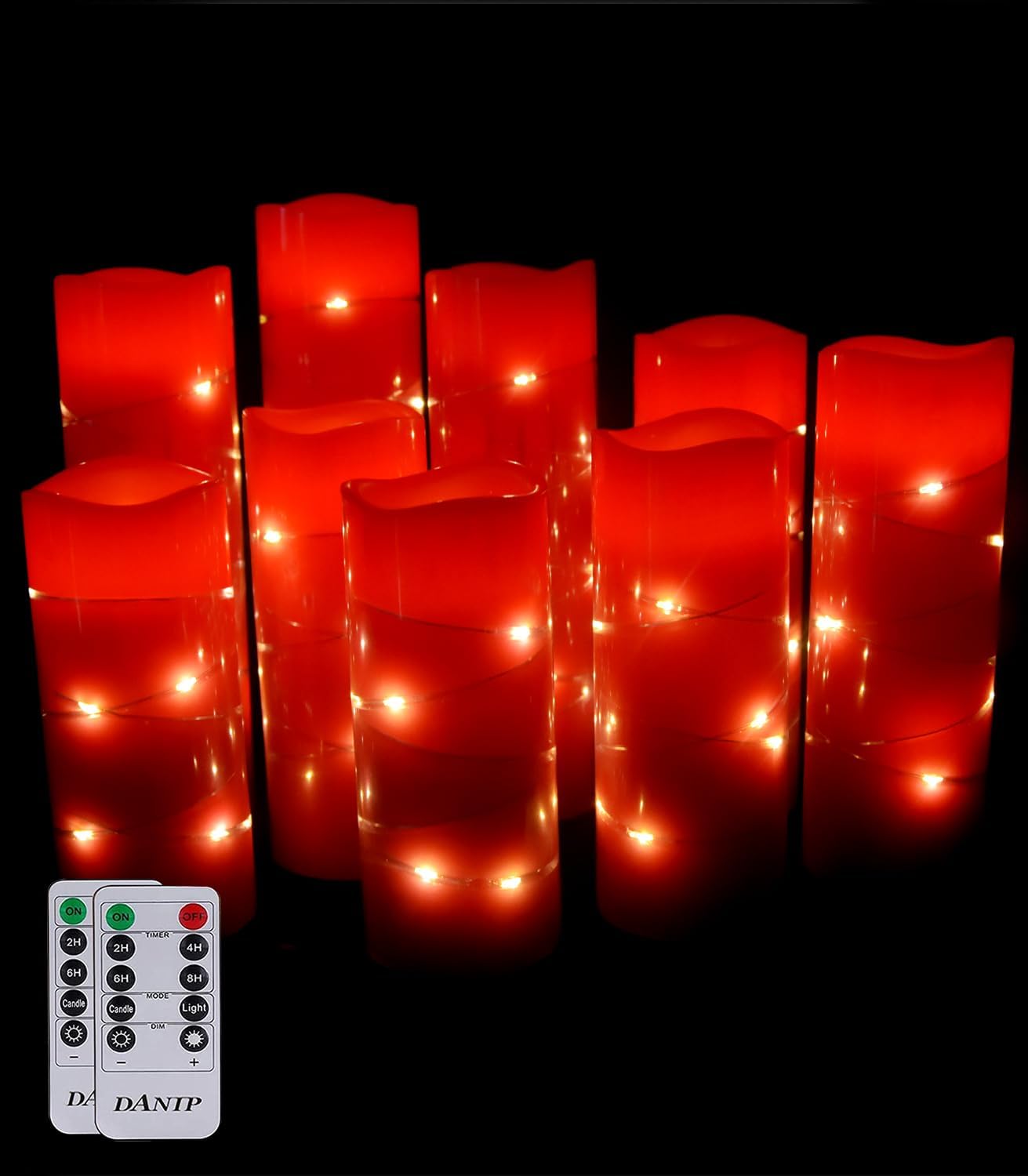 danip red flameless Candle, Built-in Star Cluster, 9 LED Candles, 11 Button Remote Control, 24-Hour Cycle Timer, Flashing Flame, Real Wax, Battery Powered. (Starry Sky Series)