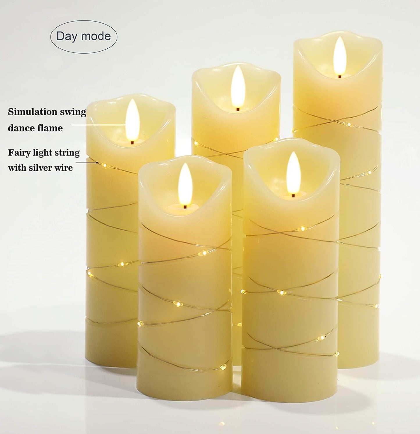 LED flameless Candle, with Embedded Starlight String,（ danip)5-Piece LED Candle, with 10-Key Remote Control, 24-Hour Timer Function, Dancing Flame, Real Wax, Battery-Powered. (Ivory White)
