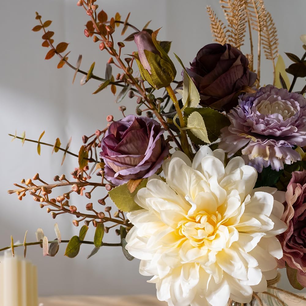 LESING Dahlia Flower Aritificial Flower with Vase Fake Silk Flowers in Glass Vase Faux Rose Flowers Arrangement for Home Office Table Centerpiece Decoration (Purple)