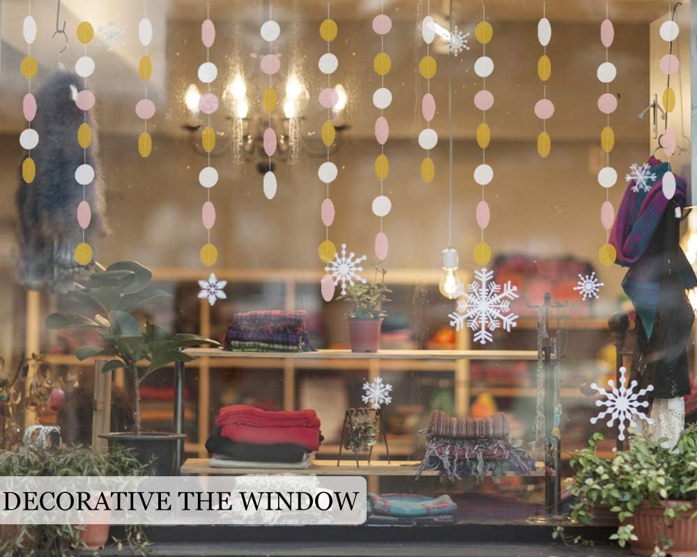 MerryNine Paper Garland 5 Pack, 65 Ft Glitter Paper Garland Circle Dots Hanging Decor, Banner for Baby Shower, Birthday, Nursery Party Decor (Pink White Gold)