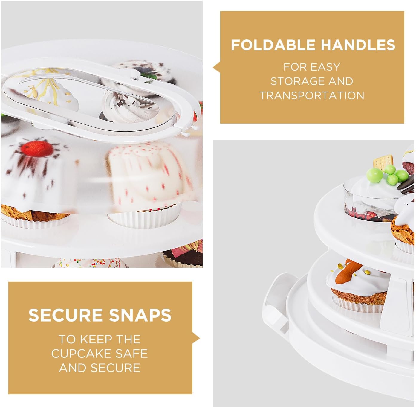Round Cupcake Carrier for Transport, Two Tier Cupcake Container with Lid and Handle, Multipurpose Cake Holder fits 10 inch Cake, Cupcake Box Holds 14 Standard Cupcakes,White