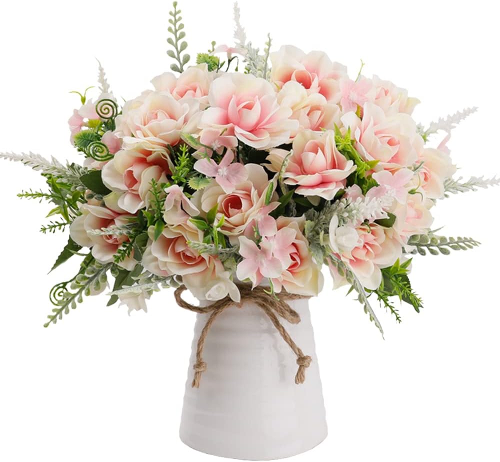 LESING Artificial Flowers with Vase for Table Centerpieces,Fake Silk Gardenia Flower in Vase Decoration for Home Office Party (Pink)