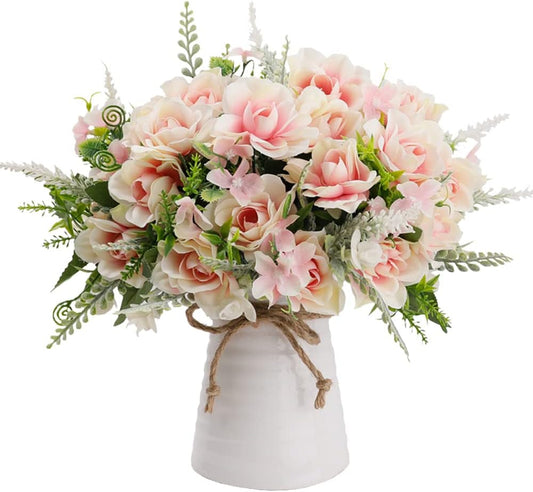 LESING Artificial Flowers with Vase for Table Centerpieces,Fake Silk Gardenia Flower in Vase Decoration for Home Office Party (Pink)