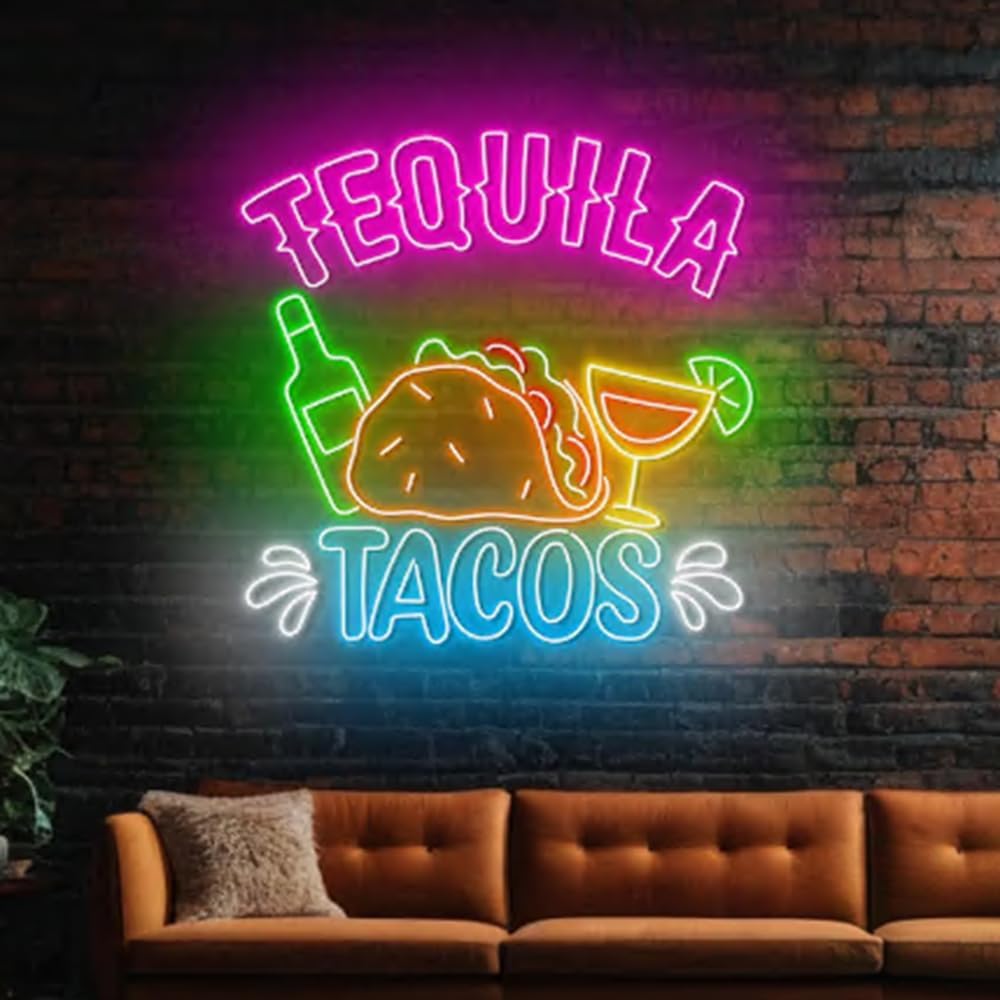 Tequila Tacos Neon Sign, Tacos Tequila Restaurant Led Sign, Mexican Restaurant Wall Decor, Mexican Tequila Cocktail Bar Pub Wall Art Size:23inch