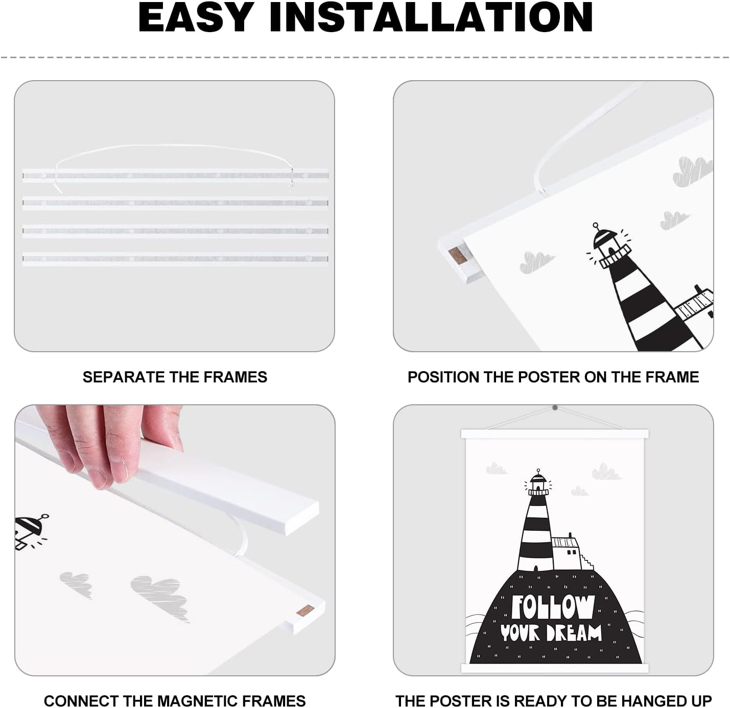 34x22 34x23 34x24 Poster Frame, Magnetic Light Wood Wooden Frame Hanger for Photo Picutre Canvas Artwork Art Print Wall Hanging (1 Pack, 34", White)