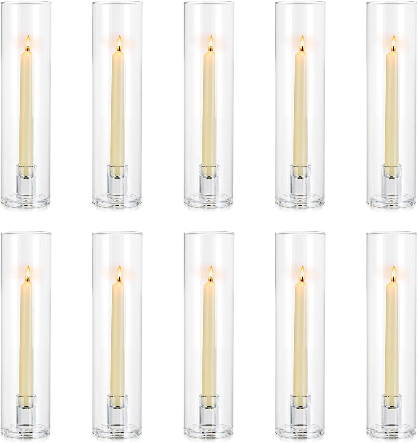 NUPTIO Taper Candle Holders Glass: Set of 10 Hurricane Candlestick Holder Bulk - Candle Stick Stand with Cylinder Sleeves for Thanksgiving Chrstmas Birthday Party Decor