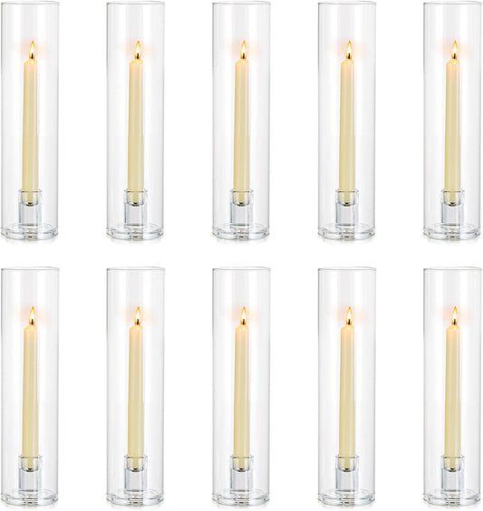 NUPTIO Taper Candle Holders Glass: Set of 10 Hurricane Candlestick Holder Bulk - Candle Stick Stand with Cylinder Sleeves for Thanksgiving Chrstmas Birthday Party Decor