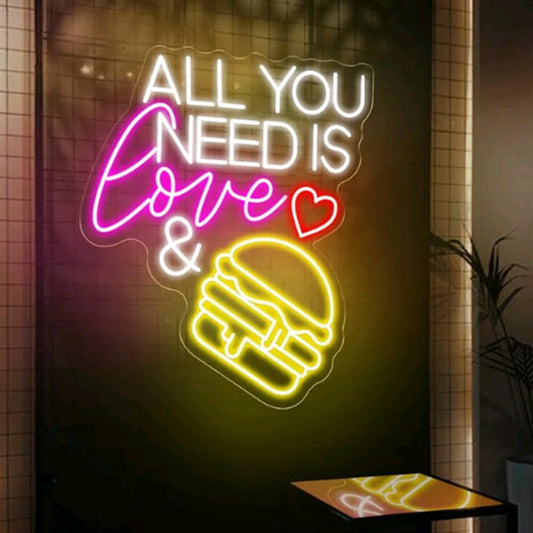 All You Need Is Love & Burger Custom Hamburger Fast Food LED Neon Sign Night Light Home Wall Decor Coffee Shop Bar Restaurant Welcome Sign Size:20x17inches