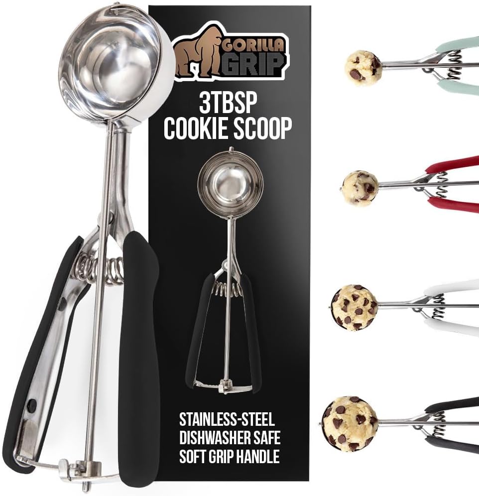 GORILLA GRIP Stainless Steel Cookie Scoop for Baking, 3 TBSP, Multipurpose Melon Baller, Meatball Spring Scoops, Perfect Portion Sizes, Easy Food Release, Scooper Size 20, BPA-Free Kitchen Tool, Black