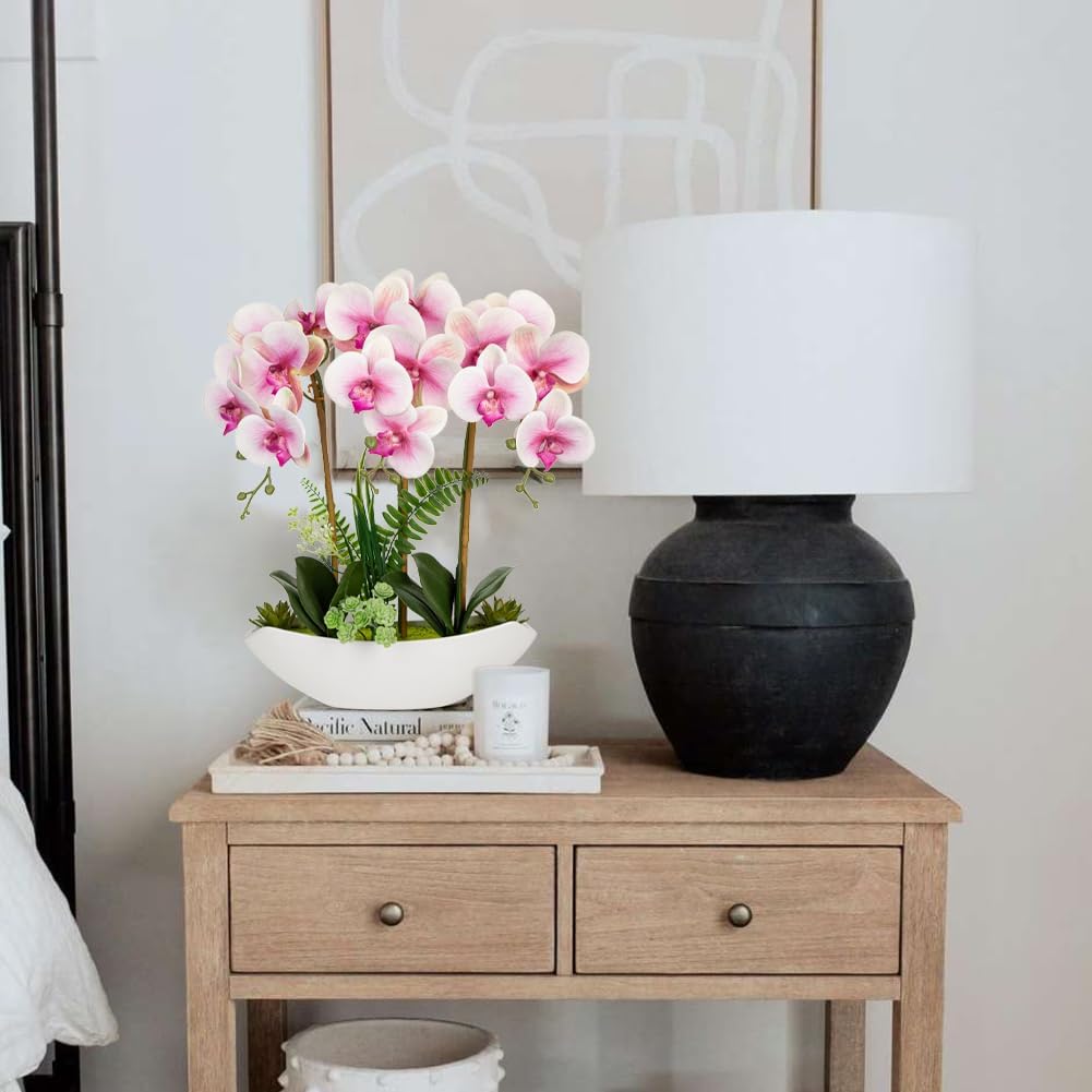 Briful Pink Orchid Artificial Flowers 18in Fake Orchid Silk Flowers with Ceramic Pot Faux Orchid Arrangement for Home Office Room Table Shelf Modern Decoration