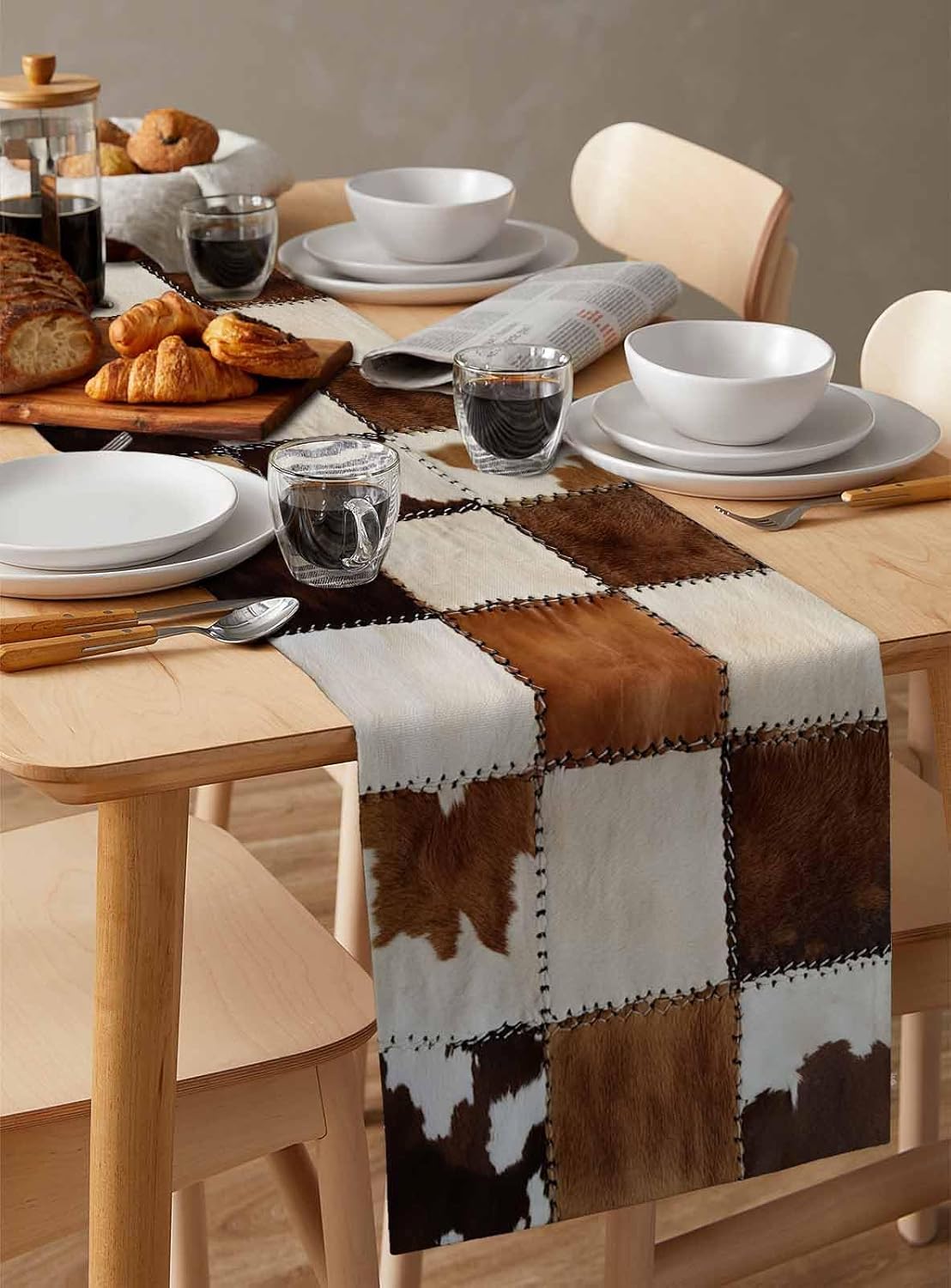 Abstract Cowhides Cotton Linen Table Runner for Dining Kitchen, Wedding Outdoor Party Tablerunners Decoration, Brown Beige Animal Fur Texture Dresser Scarf Coffee Tablecloth Runners 13x36 Inches