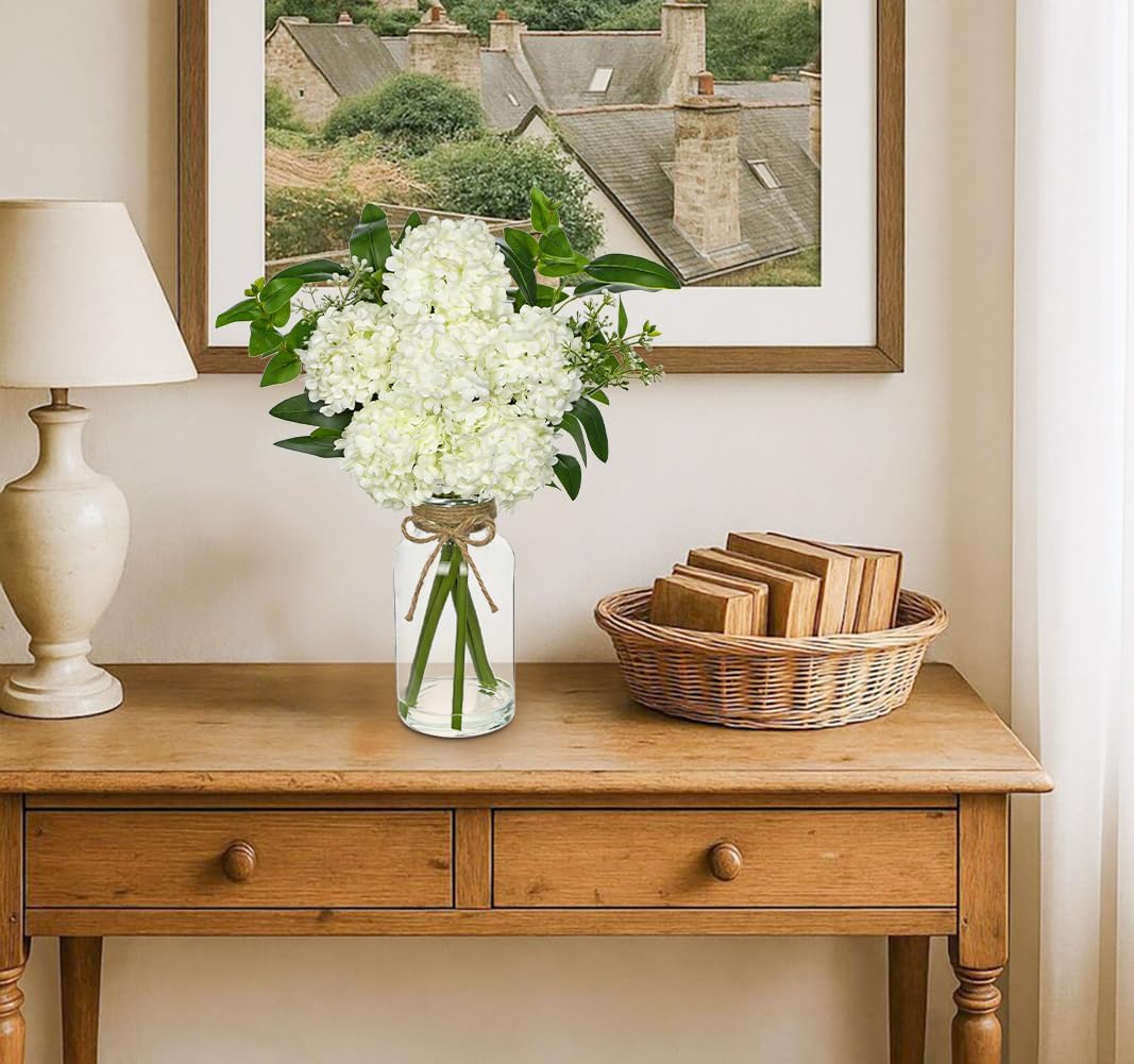Hollyone White Hydrangea Artificial Flowers in Clear Glass Vase with Faux Water Silk Hydrangeas Fake Flowers Floral Arrangement for Home Bathroom Kitchen Office Table Centerpiece Shelf Decorations