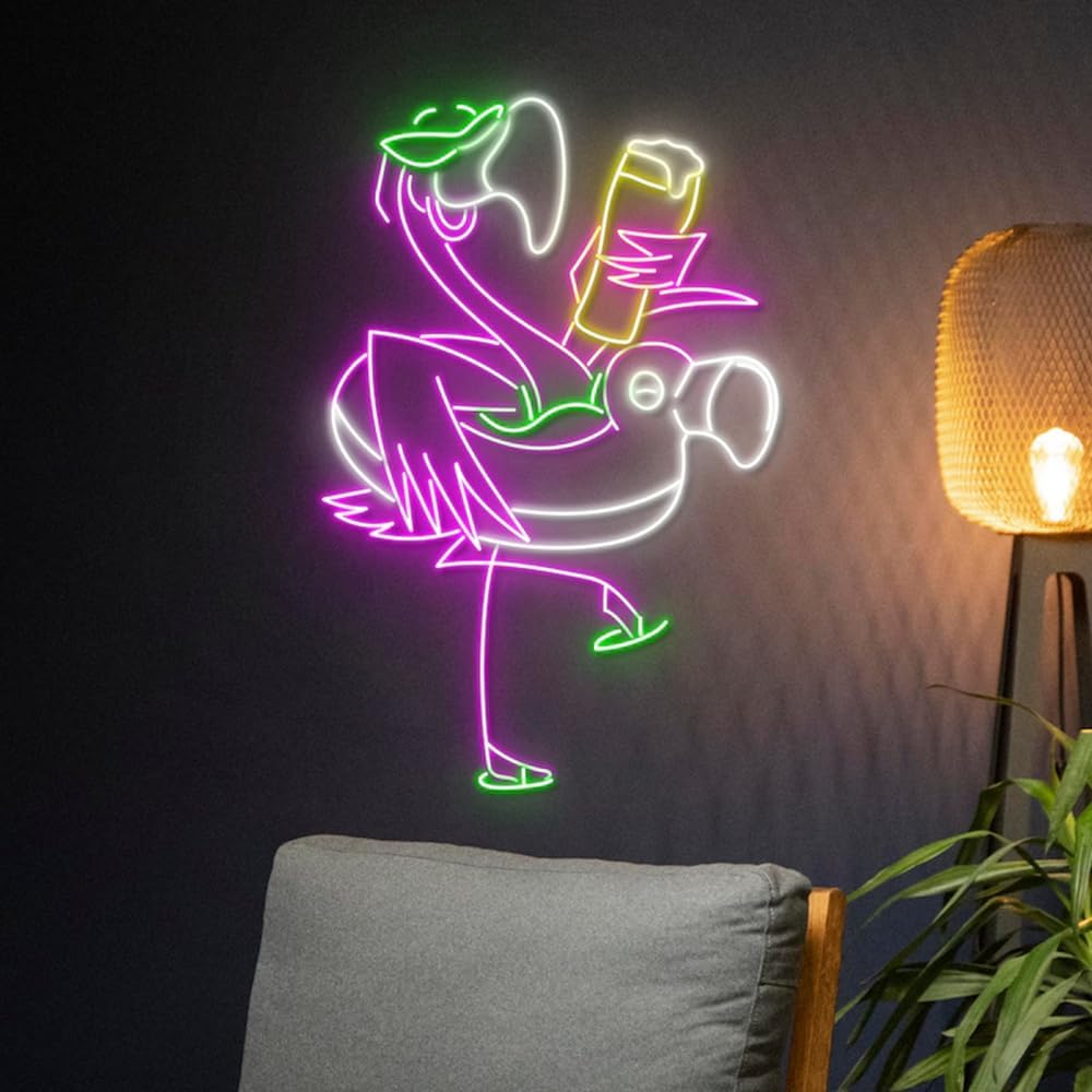 Custom Flamingo Drinking Beer Led Sign, Flamingo Chill Neon Light, Flamingo Pool Party Neon Sign,Flamingo Pool Toy Led Light Room Wall Decor Size:20inches