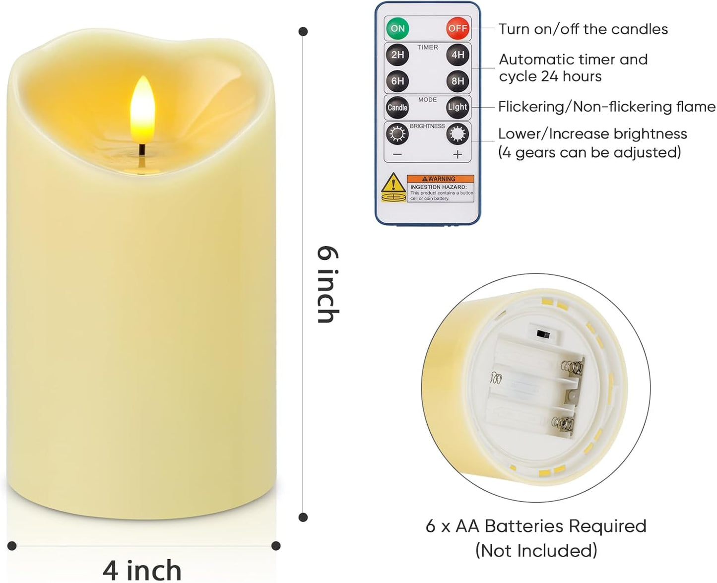 Amagic 4” x 6” Waterproof Outdoor Flameless Candles with Remote, LED Candles Battery Operated with Timer, Flickering Fake Pillar Candle for Patio Yard Porch Decor, Dark Ivory, Set of 2
