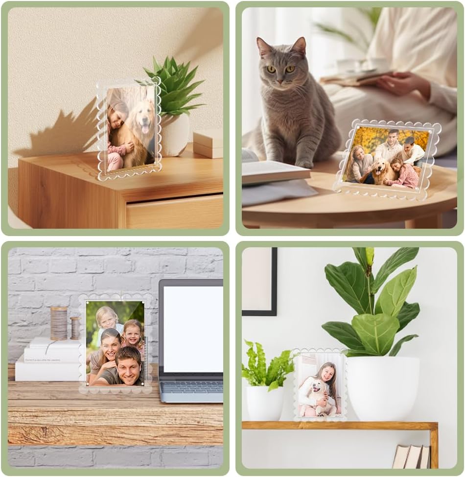 3 PCS 5x7 Inch Acrylic Picture Frames, Clear Scalloped Picture Frame with Removable Stand, Double Sided Transparent Magnetic Photo Frames for Home Office Refrigerator Tabletop Desktop Display