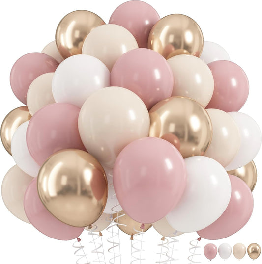 Nude Dusty Pink Balloons Set, 60Pcs 12 Inch Retro Blush Pink Apricot Helium Balloon with Beige White Champagne Gold Latex Neutral Balloons for Birthday Wedding Baby Bridal Shower Party Decorations