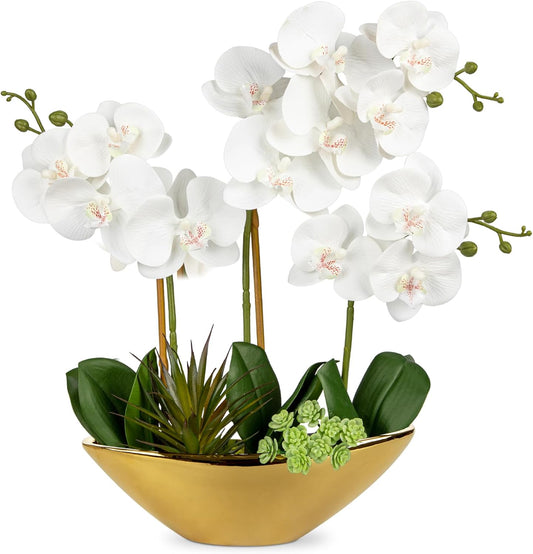 Briful Orchid Artificial Flowers 17in White Fake Orchid Silk Flowers with Gold Ceramic Pot Faux Orchid Arrangement for Home Office Room Coffee Table Centerpiece Modern Decoration