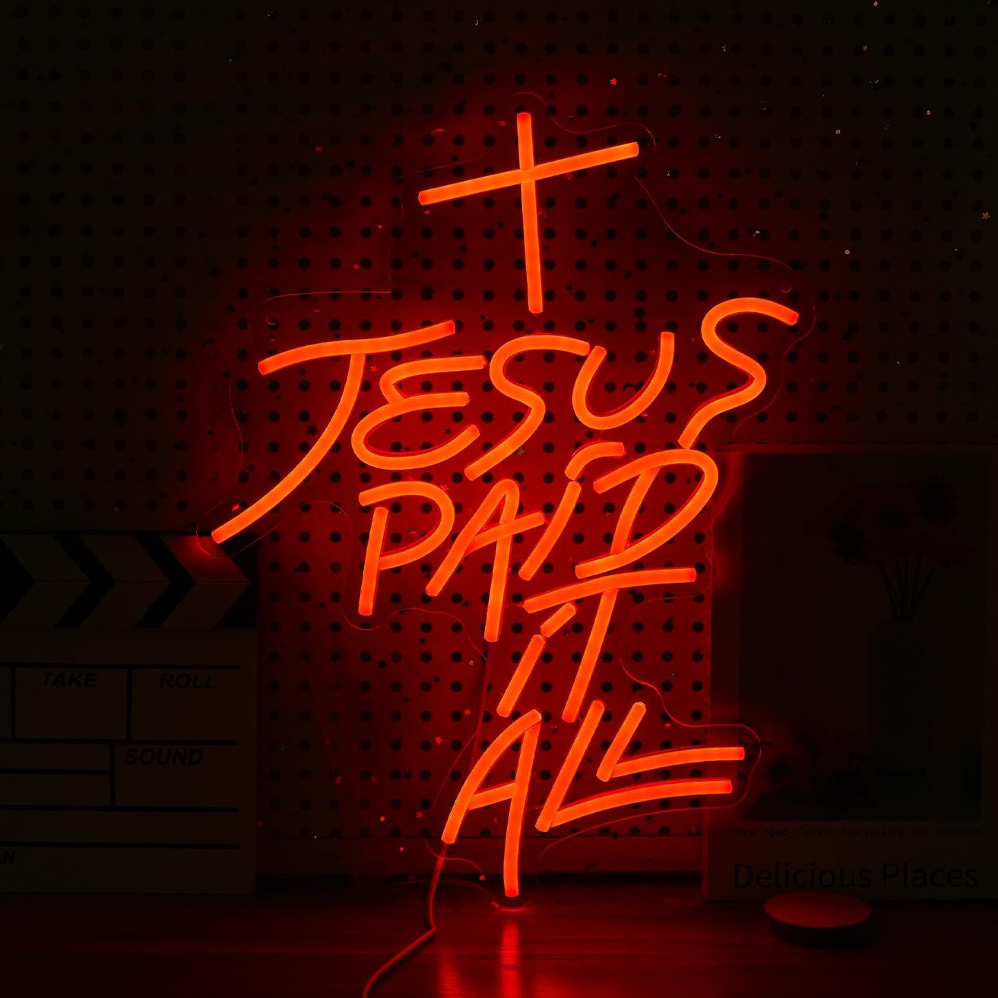 Jesus Paid It All Neon Sign Red Cross Neon Light for Wall Decor Dimmable Jesus Cross LED Light Up Sign for Christian Church Christams Home Wedding Decor Birthday Gifts(16.7 * 12.8In)