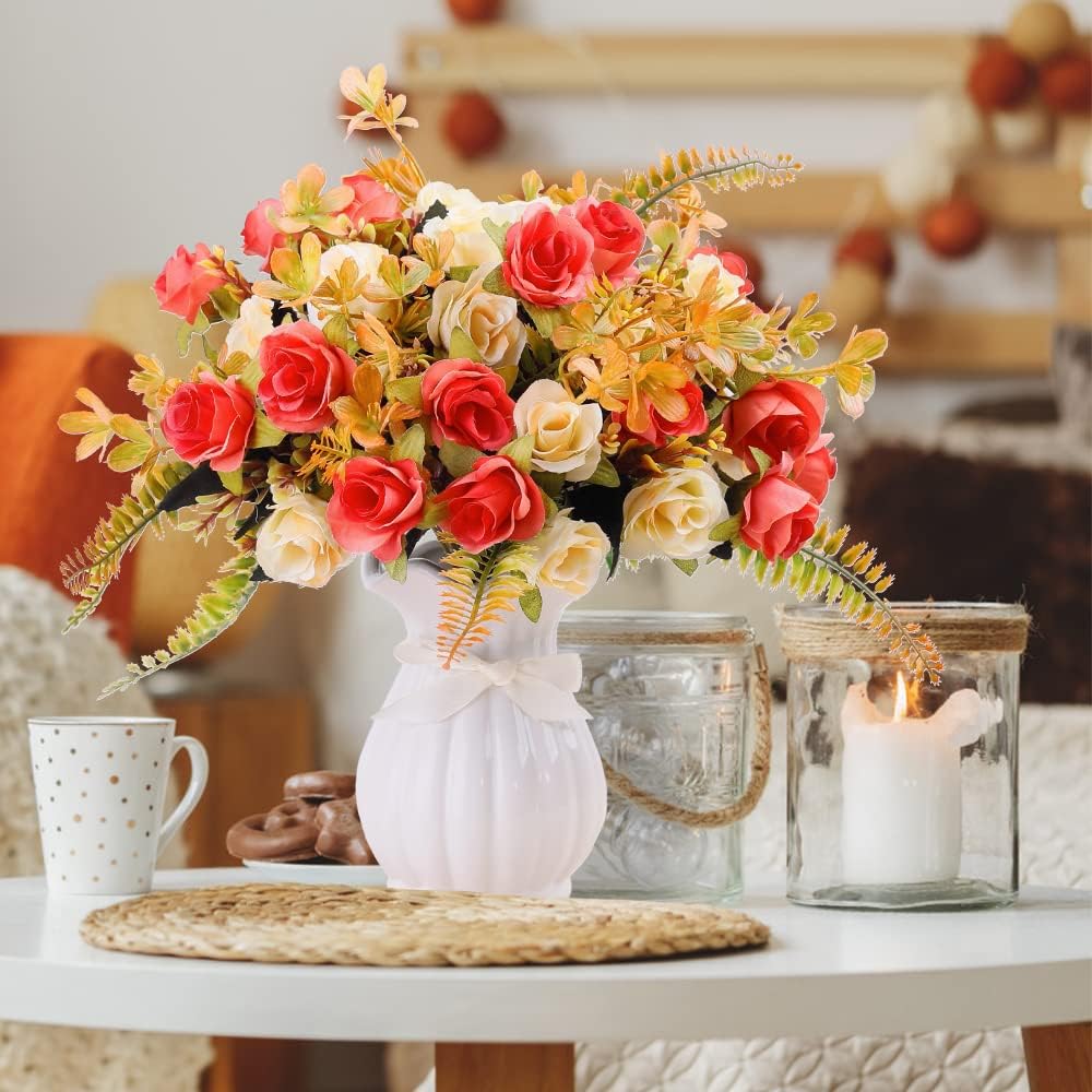 LESING Artificial Fake Flowers with Vase Silk Artificial Roses Wedding Flowers Bouquets Home Office Party Meeting Room Decoration (Sunset-1)