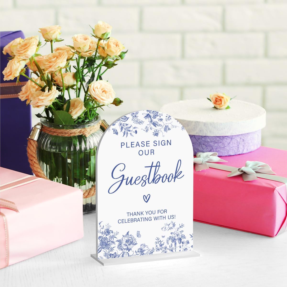 Acrylic Wedding Signs, Dusty Blue Wedding Decor, Blue Weddings Decor, Modern Calligraphy Arch Acrylic Table Top Sign for Weddings Parties Dinners - Please Sign Our Guestbook (White)