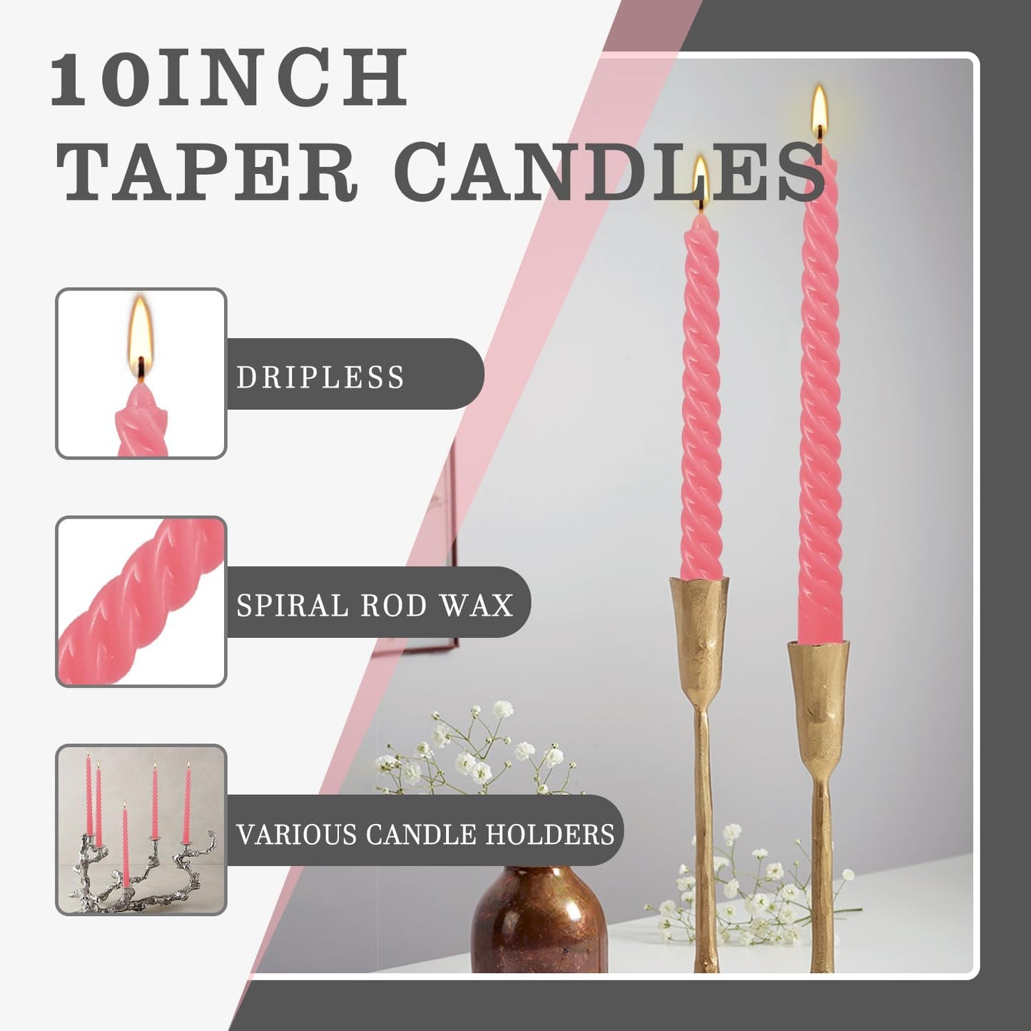 12-Pack Pink Spiral Taper Candles – 10 Inch Elegant Dripless & 10-Hour Burn – Long-Lasting Decorative Candles for Weddings, Birthdays, Parties, Church, Home Decor & Romantic Dinners