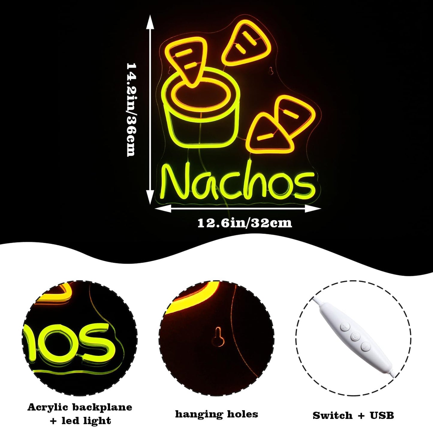 LookLight Nachos Neon Sign,Cheesy Delight Neon Light for Wall Decor,Bowl of Cheese and Tortilla Chips NACHOS Neon,Dimmable USB Neon for Bars Kitchen Fast Food Restaurant Mexican Restaurant