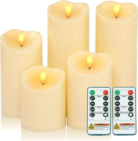 Amagic Waterproof Outdoor Flameless Candles with Remote, LED Candles Battery Operated with Timer, Flickering Fake Pillar Candle for Outside Patio Yard Decor, Dark Ivory, Set of 5, D3 X H4 5" 6" 8" 8"