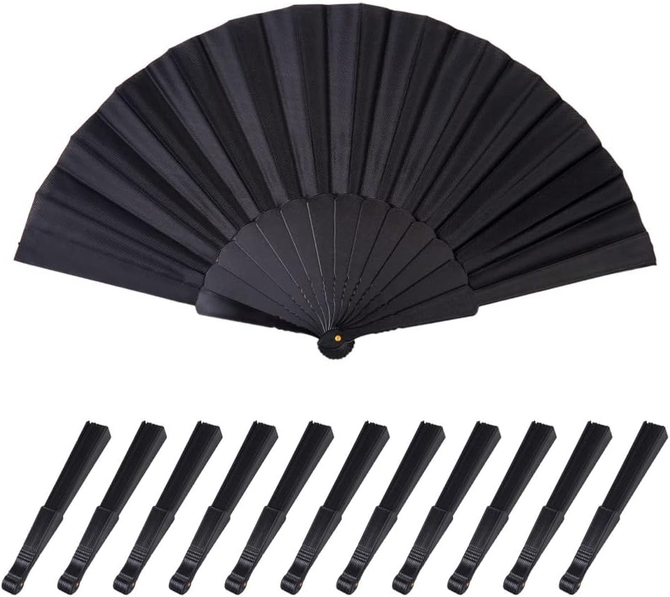 HUNANBANG 1 Dozen 12 Pieces Folding Hand Fans Church Wedding Gift, Party Favors, DIY Decoration Gift Size9 Wholesale 12pack (Black)