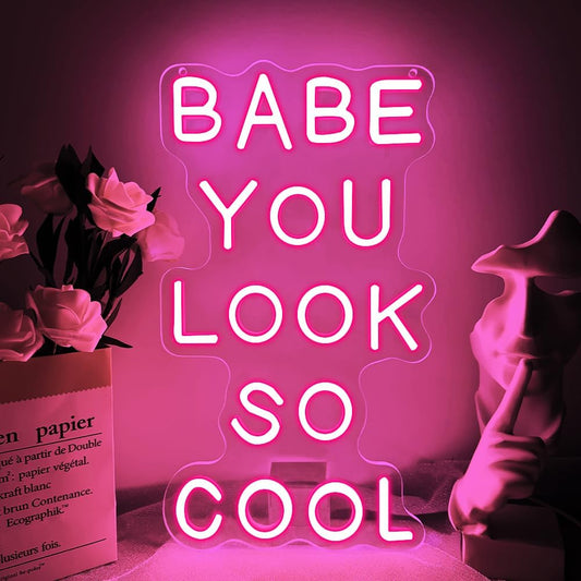Babe You Look So Cool Neon Sign,Pink Dimmable LED Light Signs for Wall Art Decor,Backdrop for Game Room Bar Bedroom Club Party Man Cave,Gift for Boys Teen Men USB Powered（14.2"*8.4"）