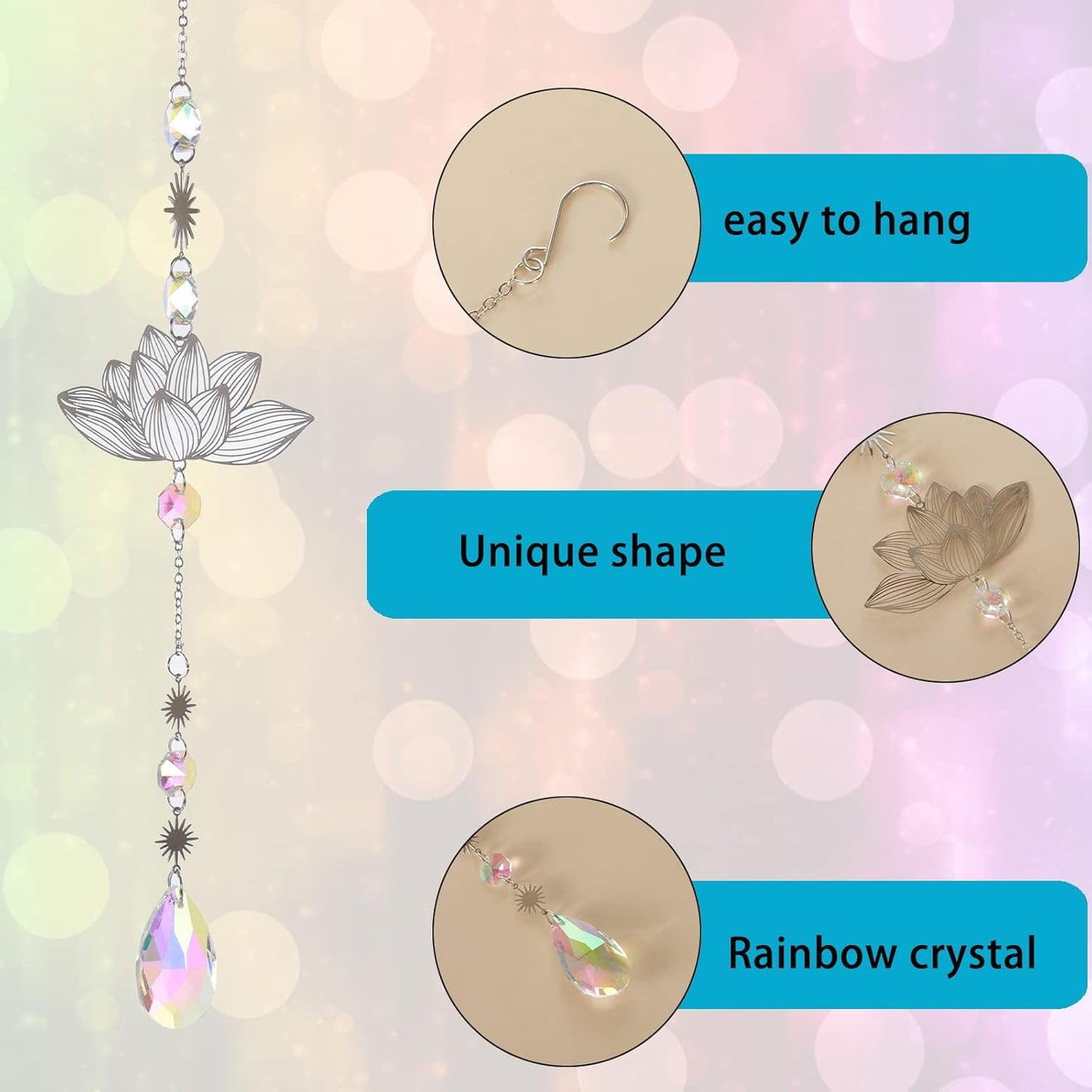 Sun Catchers, 6 Pieces Colorful Suncatchers Decorative Hanging Clear Crystal Prism Rainbow with Silver Moon Sun Metal Forms Suncatcher Kit for Window Indoor Outdoor Car Mirror Decor Xmas Gift