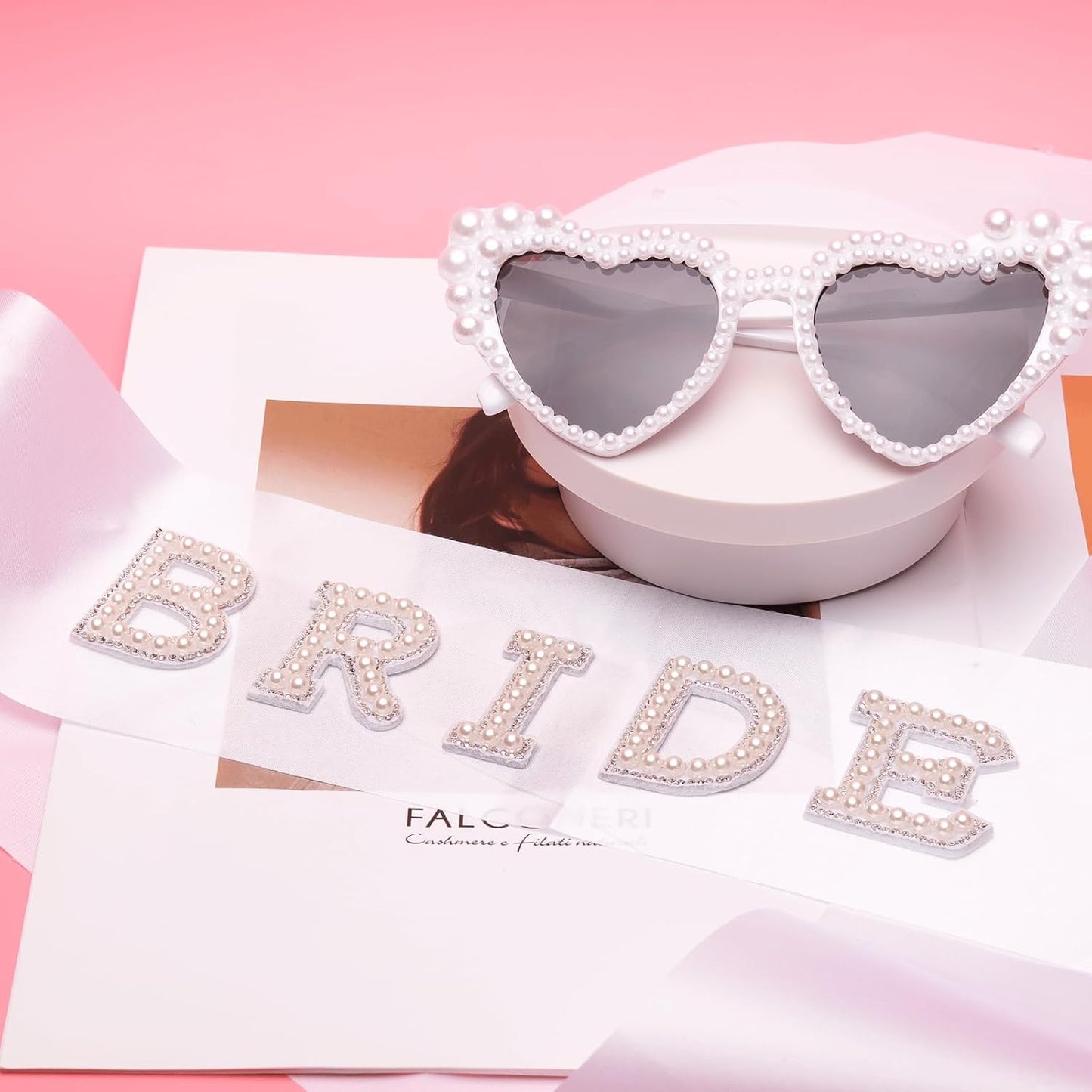 Pearl Bride Sunglasses with Sash - White Heart Sunglasses for Bachelorette Party Decorations Bridal Shower Wedding Engagement Favors
